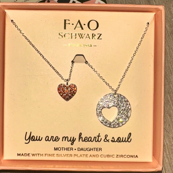 FAO Schwarz Jewelry - FAO Schwarz Fine Silver Played and Cubic Zirconia Heart Necklace Set